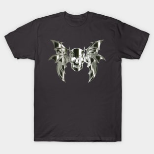 Metallic Horned Bat Skull with Wings Design T-Shirt